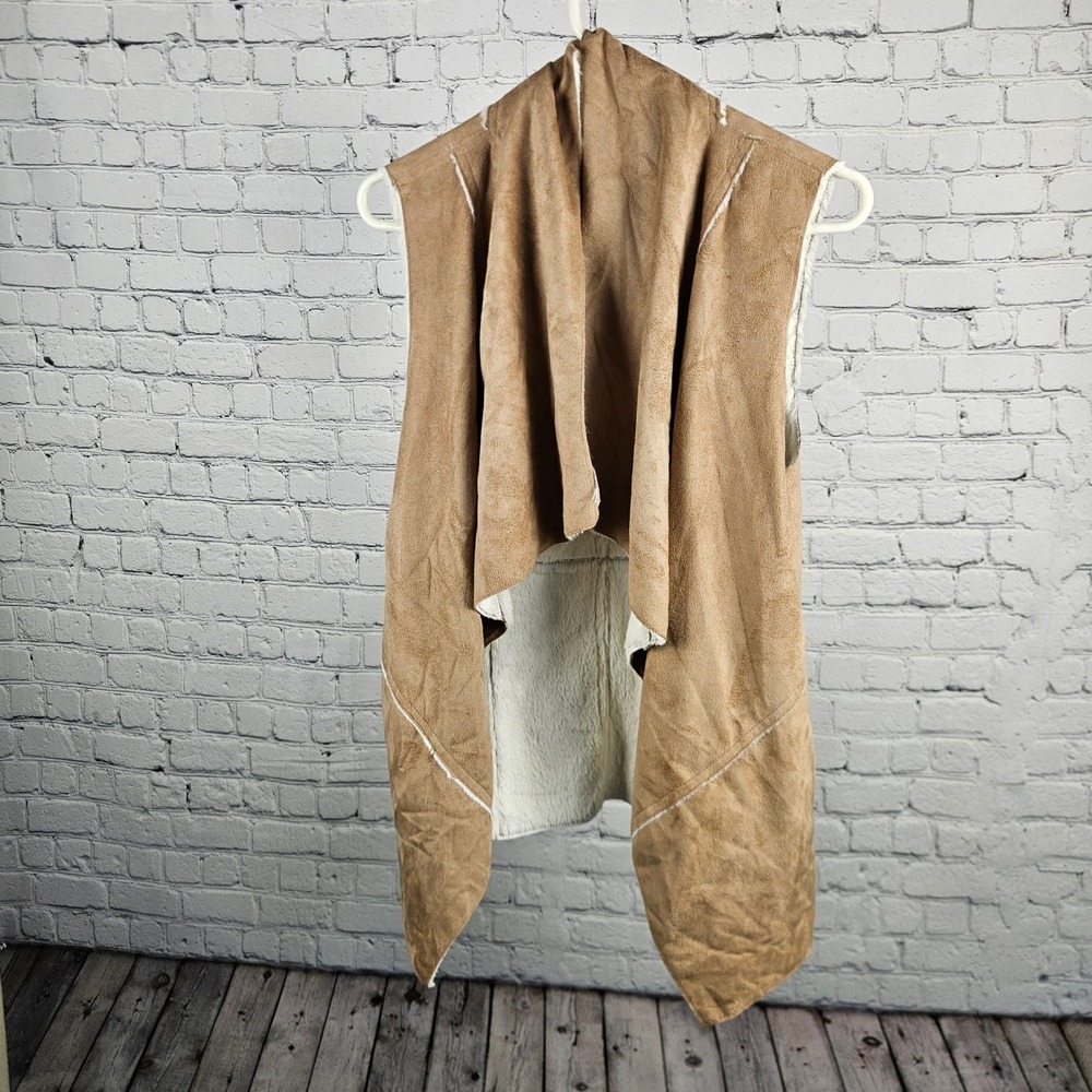 KLD Signature Tan Faux Suede Faux Fur Lined Draped Waterfall Vest KD-1377 Medium